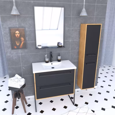 Meuble de salle de bain 80x50cm – vasque blanche 80x50cm -tiroirs noir mat + colonne + miroir