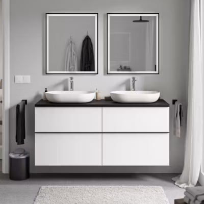 Meuble sous vasque suspendu MDF Blanc mat, plan vasque Noir mat, poignée Anthracite mat – 140x46x62cm – LAVOA