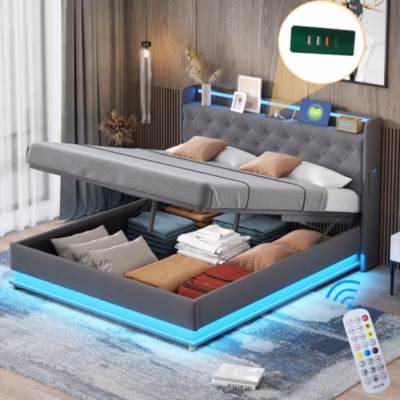 Lit coffre rembourré LED, avec sommier à lattes et tête de lit avec fonction chargement USB, tissu en lin, gris 160x200cm