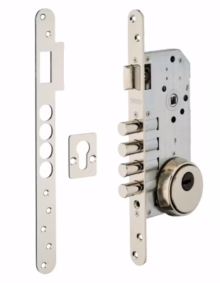 Boitier de serrure encastrable à cylindre pour porte d&rsquo;entrée, axe 50mm, bouts carrés, 4pts, nickelé, rosace fermée – THIRARD