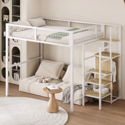 Lit Mezzanine 140×200 cm – Lit Double avec Rangement et Échelle de Sécurité, Cadre Métal et MDF, Sans Matelas – Blanc