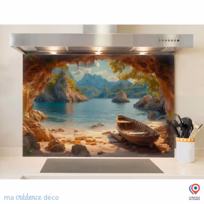 Crédence cuisine fond de hotte Barque et îles désertes – Alu composite – L 90 cm x H 70 cm – MaCrédenceDéco