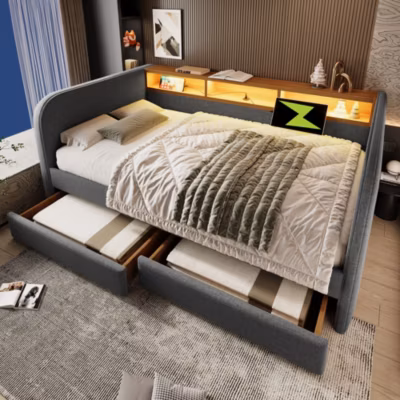 Canapé-lit 140×190 cm convertible clic-clac 3 places en tissu avec coffre de rangement, style contemporain