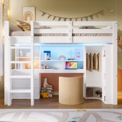 Lit superposé 90×200 cm avec bureau intégré et armoire intégrée en pin massif blanc