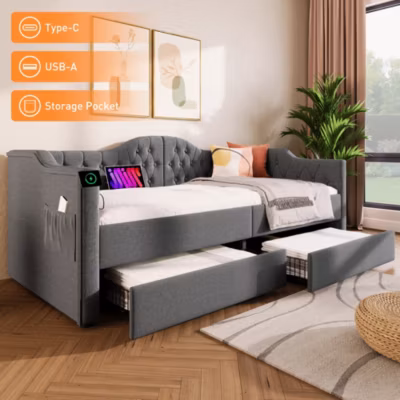 Canapé-lit 90×200 cm avec 2 tiroirs et ports USB Type-C, revêtement lin gris et tête capitonnée vintage