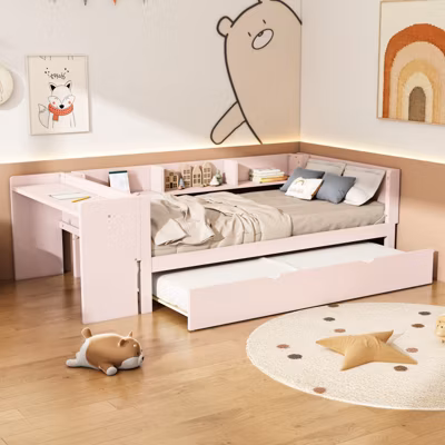 Lit gigogne 90x200cm+90x180cm, avec petit bureau, trois étagères sur le côté du lit, rose