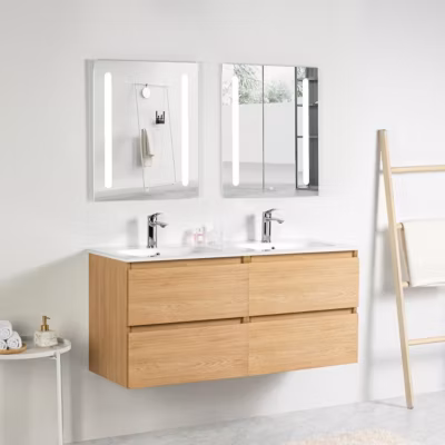 Pack Meuble prémonté 120 bois-Vasque céramique-Robinets chromé – bain-bain