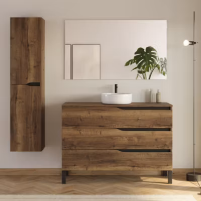 Meuble de salle de bain 120cm avec plateau et vasque ronde Ares – 3 tiroirs et colonne de rangement – tabaco (chêne foncé) – MATA