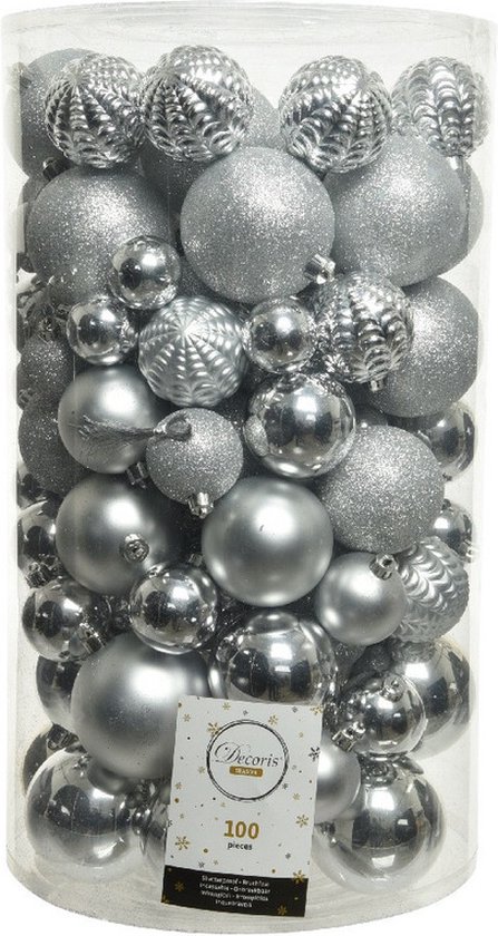 Decoris 100x boules de Noël en plastique argent 4, 5, 6, 7 et 8 cm mix