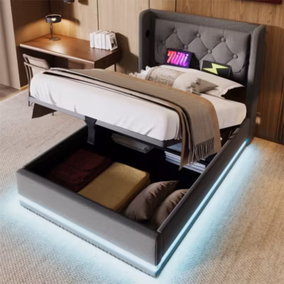 Lit adulte lit 90×200 cm lit rembourré hydraulique lit de rangement Single coton gris