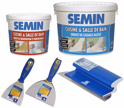 Pack rénovation salle de bain et cuisine pour environ 25m2 Semin, Enduit de Rebouchage,  Enduit de Lissage spécial et des outils