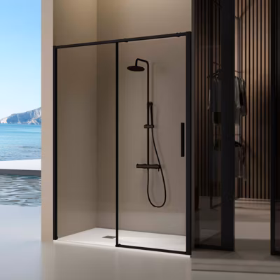 Paroi de douche coulissante DELTA – Noir Mat – 122-124.6 cm – Fermeture amortie – Réversible – Anticalcaire