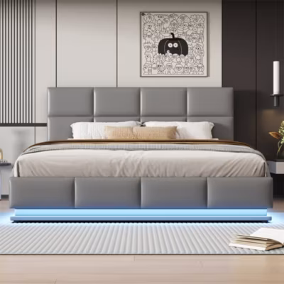 Lit adulte lit 180×200 cm lit rembourré hydraulique avec éclairage led lit double cuir synthétique gris ciment