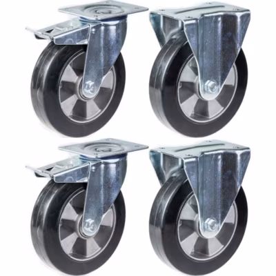 Roulettes de 200 mm (8&Prime;) en caoutchouc noir, avec frein et roues fixes, capacité de charge de 1 400 kg, lot de 4