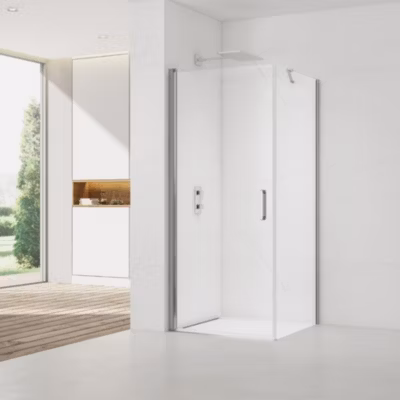 Fusion ensemble porte pivotante /paroi 80x80cm anticalcaire avec profilés chrome brillant (SATFUD80S80-SET)