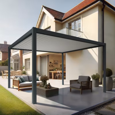 Pergola bioclimatique Xenon îlot (Vérin à Télécommande + LED 3 côtés – Gris anthracite / Blanc – 3,50 x 3,061m)