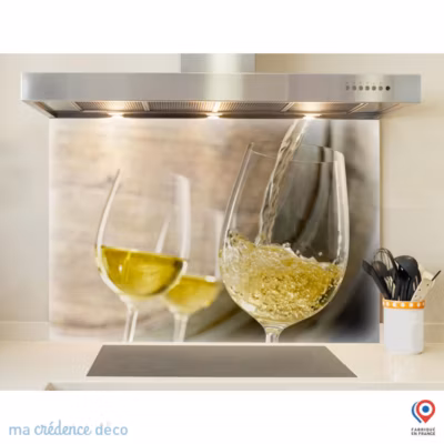 Crédence cuisine fond de hotte Vin blanc et tonneau – Alu composite – L 70 cm x H 60 cm – MaCrédenceDéco