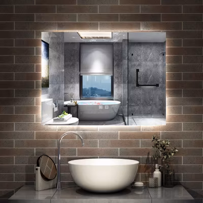 Miroir de salle de bain rétro-éclairé sans cadre 90x70cm, Tricolore + Anti-buée + Mémoire + Dimmable, AICA SANITAIRE