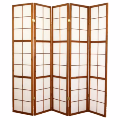Paravent japonais Shoji en bois brun de 5 pans L220 x H175 x P2 cm