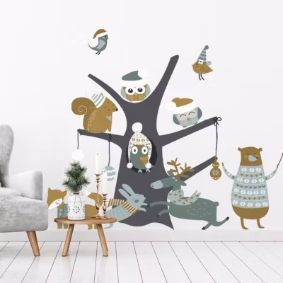 Sticker Noël l&rsquo;arbre magique des animaux des bois – Autocollants stickers adhésifs noël – décoration fêtes – 70x105cm