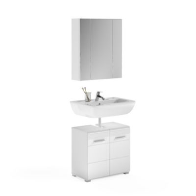 Ensemble de salle de bain : meuble sous vasque et meuble de rangement avec miroir  Blanc laqué  KLEANKIN