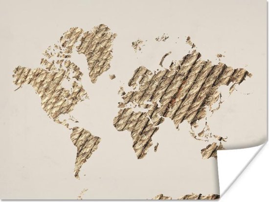 Décoration murale – Carte du Wereldkaart – Corde – Beige – 120×90 cm – Affiche