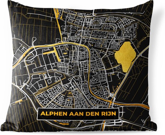 Coussin de jardin – Carte – Alphen aan den Rijn – Or – Zwart – 40×40 cm – Résistant aux intempéries