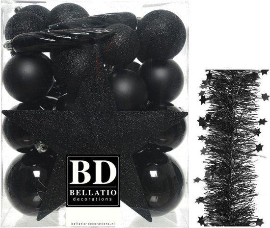 Décorations de Noël de Noël Boules de Noël en plastique 5-6-8 cm avec pointe d&rsquo;étoile et guirlandes en feuille d&rsquo;étoiles paquet noir 35x pièces – Décorations Décorations pour sapins de Noël