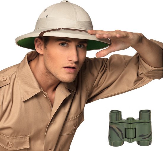 Costume de carnaval Casque tropical – beige – Explorateur – avec petites jumelles – adultes – chercheur dans la jungle