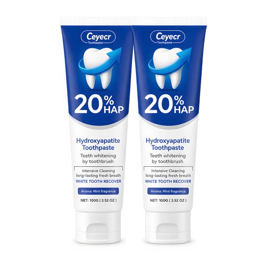 Dentifrice à 20% Hydroxyapatite – 2 pièces – Goût Menthe – Blanchiment des dents – Nettoyage en profondeur – Restauration de l&rsquo;émail – Hydroxyapatite – Douleur dentaire – Caries