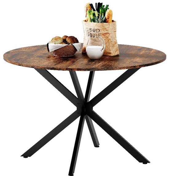 Deniva – Table à manger ronde – Table à manger 120 cm – table industrielle – table à manger 4-6 personnes – pieds métalliques – table de cuisine ronde – vintage