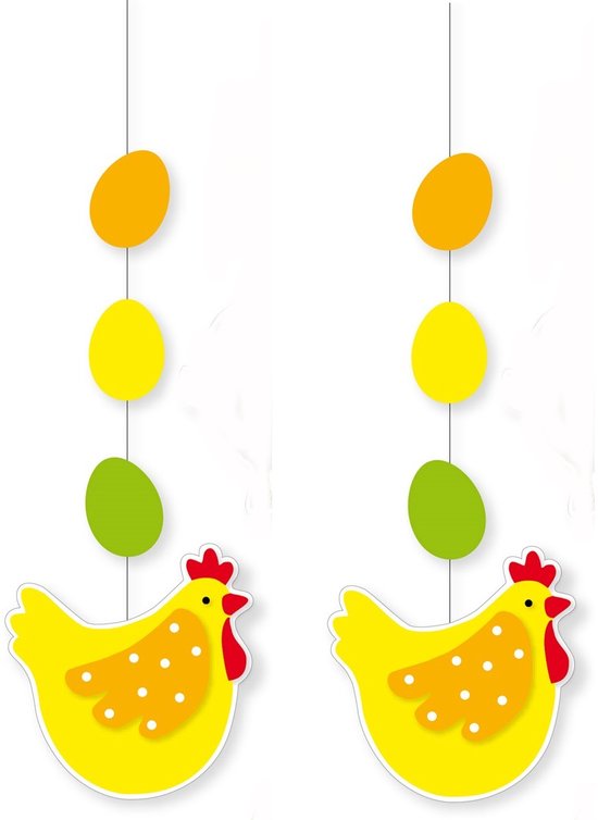 Décoration thème Pasen – 2x – papier – 66 x 25 cm – mélange jaune/vert – décoration à suspendre – poule avec œufs