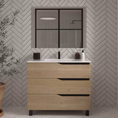 Meuble de salle de bain 90cm simple vasque – 3 tiroirs – madera miel (chêne clair) – MATA