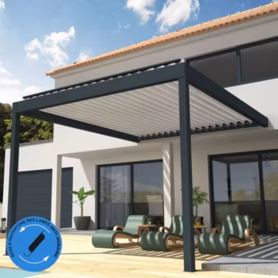 Pergola Bioclimatique COCOON perpendiculaire Mixte Gris anthracite / Blanc 4,576×3,50m Ouverture anti-horaire