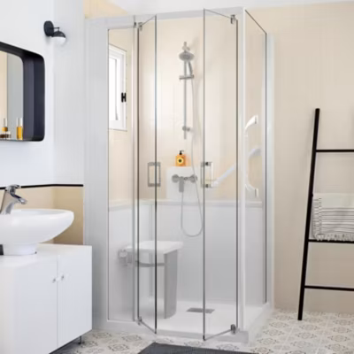 Cabine de douche Kinedo Kinemagic Design 120×70 habillage toute hauteur 1 porte pivotante transparent thermostatique