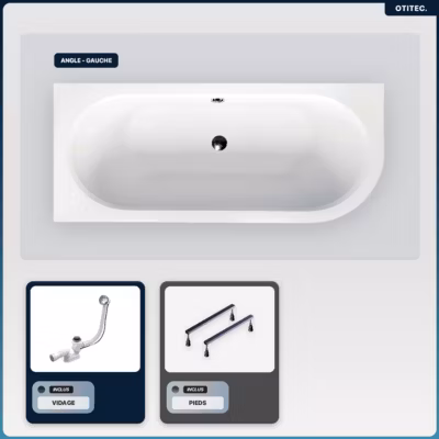 Baignoire asymétrique – 170 x 75 cm – Gauche – sans Habillage – avec Pieds – Vidage Chrome – AVITA SLIM