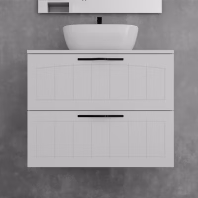 Meuble de salle de bain 60cm avec plateau et vasque à poser ovales – 2 tiroirs – sans miroir – blanc – PIA