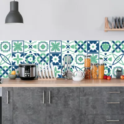 Crédence adhésive carreaux de ciment vert et bleu 50x200cm