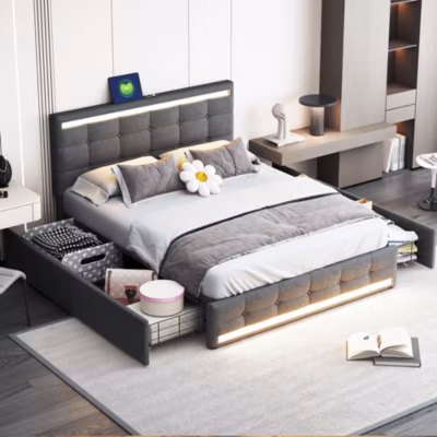 Lit double 140×200 cm – Lit capitonné en lin avec LED, 4 tiroirs et ports USB intégrés – Gris, sans matelas