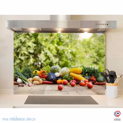 Crédence cuisine fond de hotte Légumes et jardin – Verre trempé – L 90 cm x H 70 cm – MaCrédenceDéco