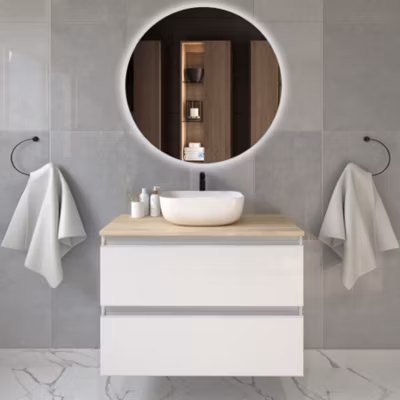 Meuble de salle de bain 2 tiroirs avec vasque à poser arrondie BALEA et miroir rond Led SOLEN – Blanc – 80cm
