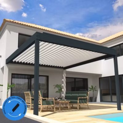 Pergola Bioclimatique COCOON XL perpendiculaire Mixte Gris anthracite / Blanc 6,015×3,50m Ouverture anti-horaire