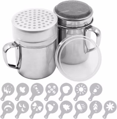 Shakers à poudre en acier inoxydable avec pochoirs x2