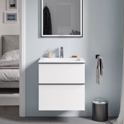 Meuble vasque suspendu MDF Blanc mat, lavabo fonte Blanc mat + trou robinet, poignée Chrome – 60x46x62cm – LAVOA
