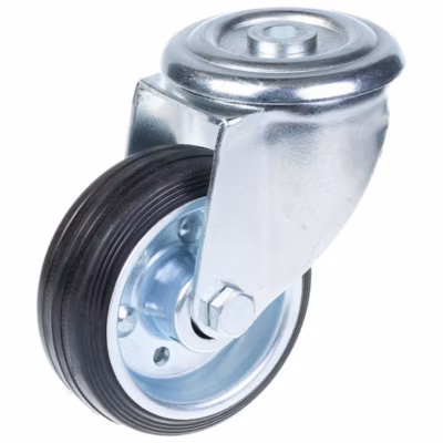 Roulette pivotante de 80 mm avec bande de roulement en caoutchouc noir sur une roue centrale en acier embouti