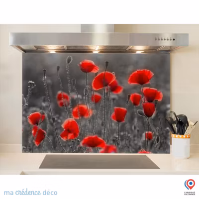 Crédence cuisine fond de hotte Coquelicots sauvages 2 – Verre trempé – L 90 cm x H 50 cm – MaCrédenceDéco