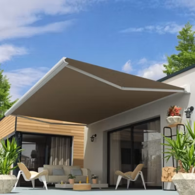 Store banne coffre intégral CELESTE 3,00×2,00 M (Manuel – Armature blanc – Toile taupe)
