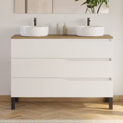 Meuble de salle de bain 120cm avec plateau miel et 2 vasques à poser Ares – 3 tiroirs – sans miroir – blanc – MATA