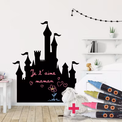 Sticker ardoise tableau noir – stickers muraux adhésif effaçable – CHÂTEAU DE PRINCESSE + 4 CRAIES LIQUIDES – 115x95cm