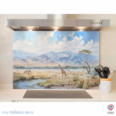 Crédence cuisine fond de hotte Savane Aquarelle – Verre trempé – L 70 cm x H 60 cm – MaCrédenceDéco